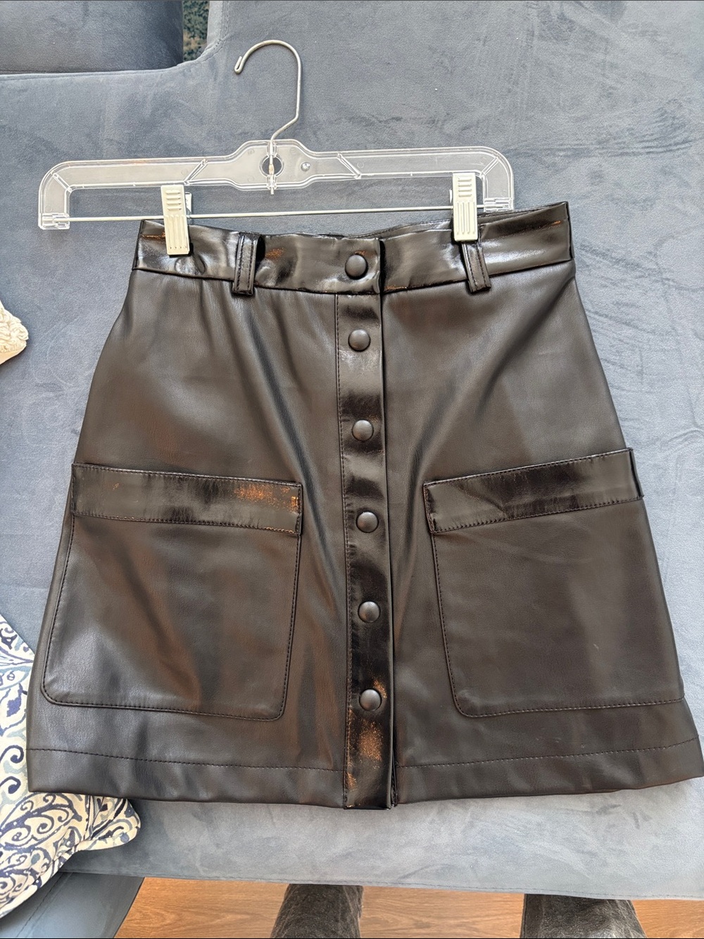 STAUD Black Faux Leather A-Line Mini Skirt with Front Snap Buttons
